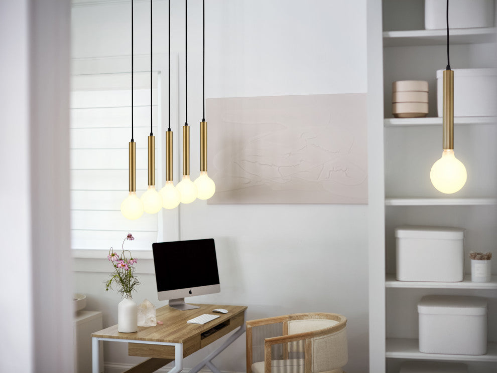 Lark Bobbie 36" Five-Light Linear Chandelier, Lacquered Brass + Black