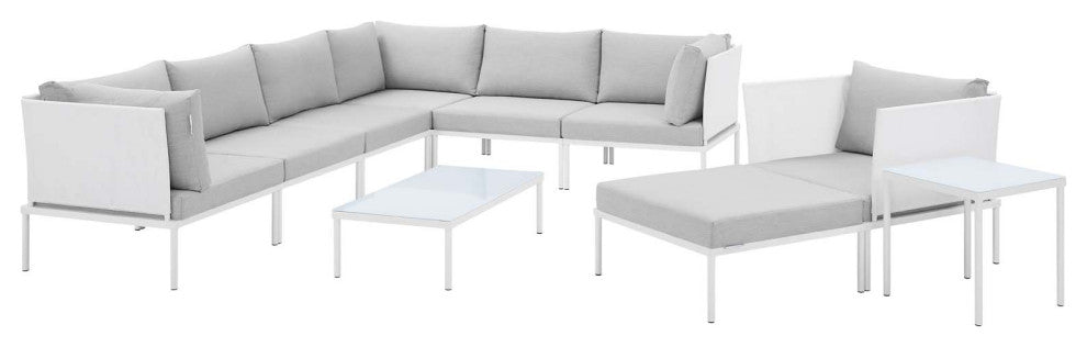 Sectional Sofa Chair Table Set, Sunbrella, Aluminum, White Gray, Outdoor