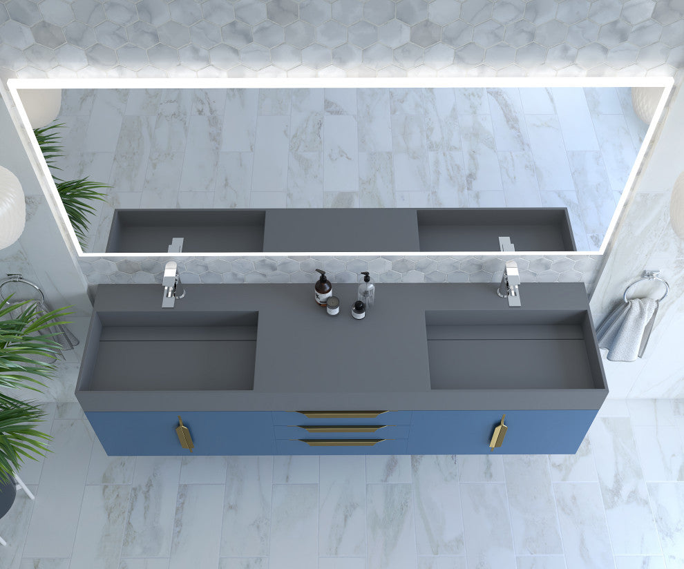 CastelloUSA Amazon 72" Wall Mounted Vanity Set, Blue, Gray Top, Gold Handles
