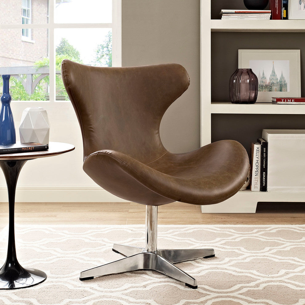 Modern Contemporary Vinyl Lounge Chair, Brown, Vinyl Leather