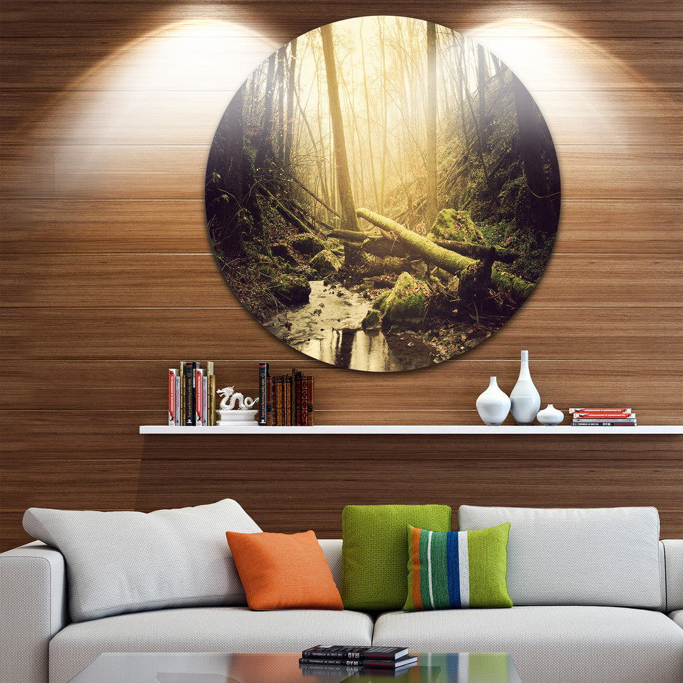 Stream In The Dark Wild Forest, Forest Round Wall Art, 36"
