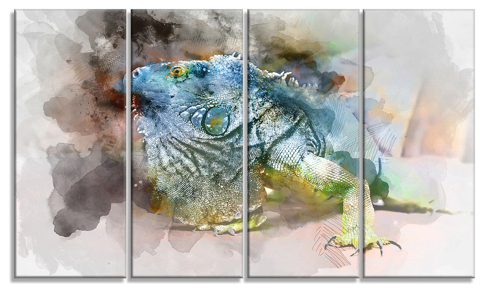 Green Iguana Close Up Painting, Large Abstract Canvas Artwork, 48"x28", 4 Panels