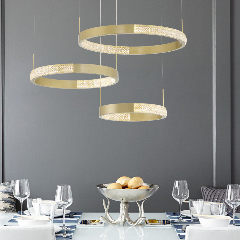 3-Light Statement Tiered LED Chandelier, Gold