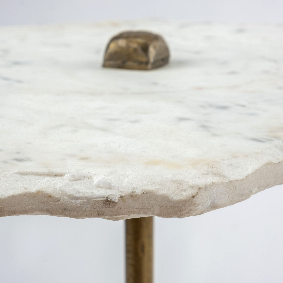 HomeRoots White Marble Top Accent Table With Triangluar Gold Iron Base