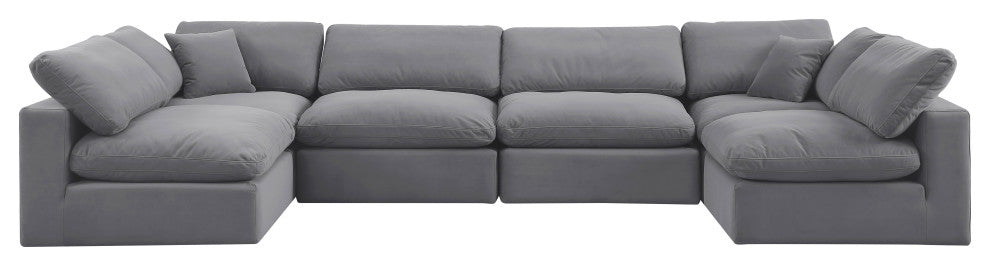 Comfy Upholstered U-Shaped Modular Sectional, Grey, 6-Piece: 4 Armless Chair, 2 Corner Chair, Velvet