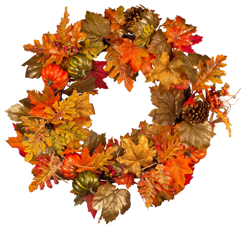 22" Framed Wreath With Maple Leaves And Pumpkins