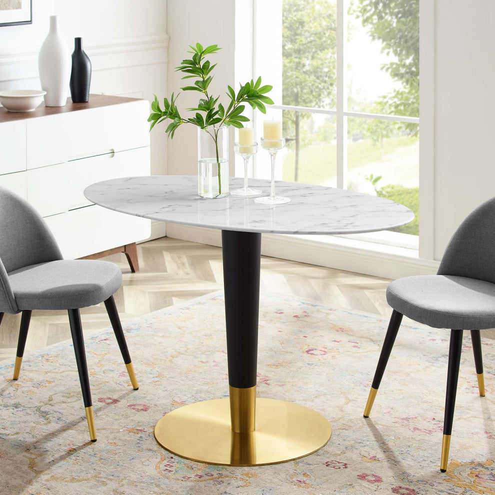 Dining Table, Oval, Artificial Marble, Metal, Gold White, Cafe Bistro Restaurant