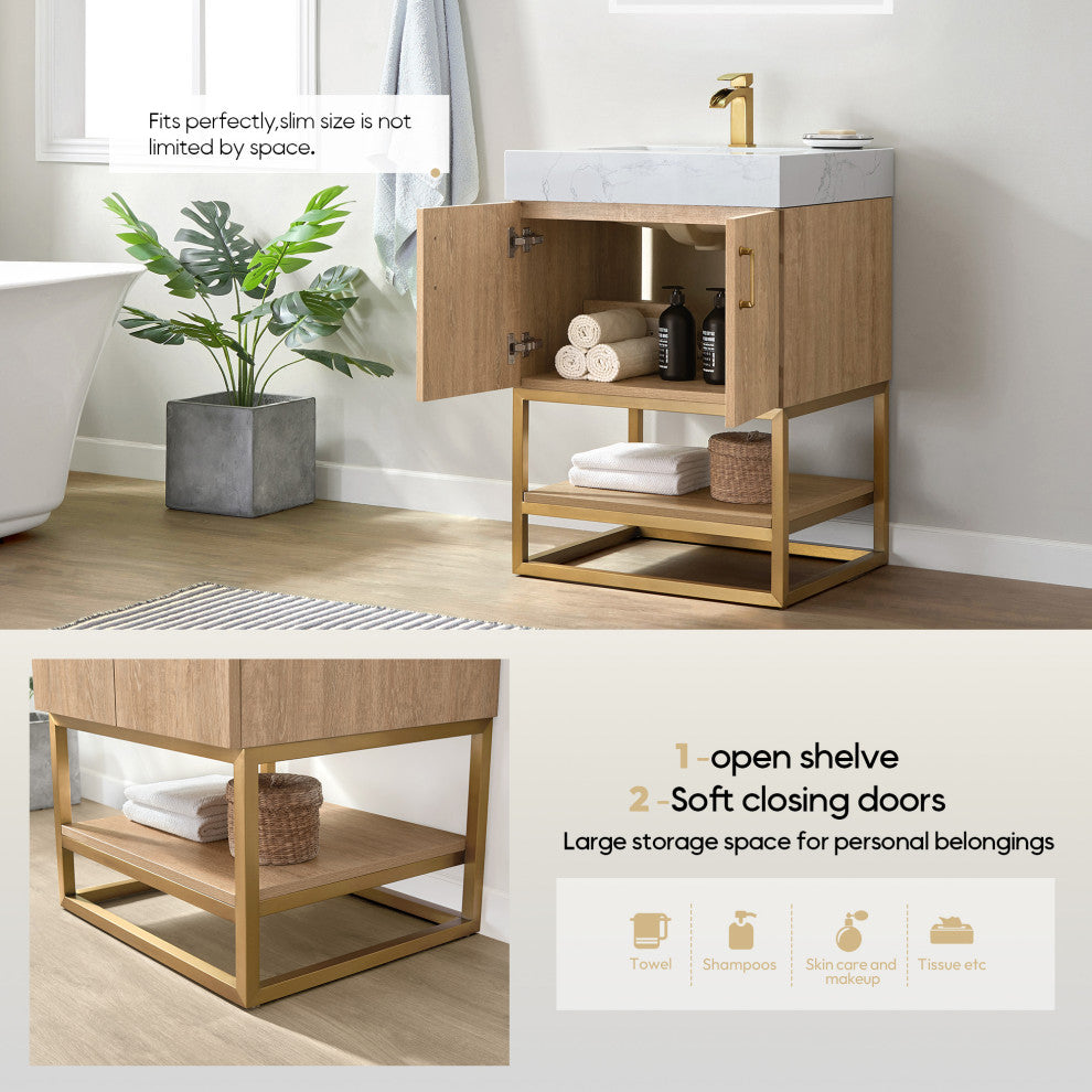 Alistair Vanity, North American Oak With Countertop, 24", With Mirror