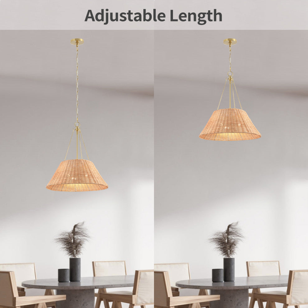 GetLedel 21.7" 3-Light Hand Woven Rattan Chandelier, Brown