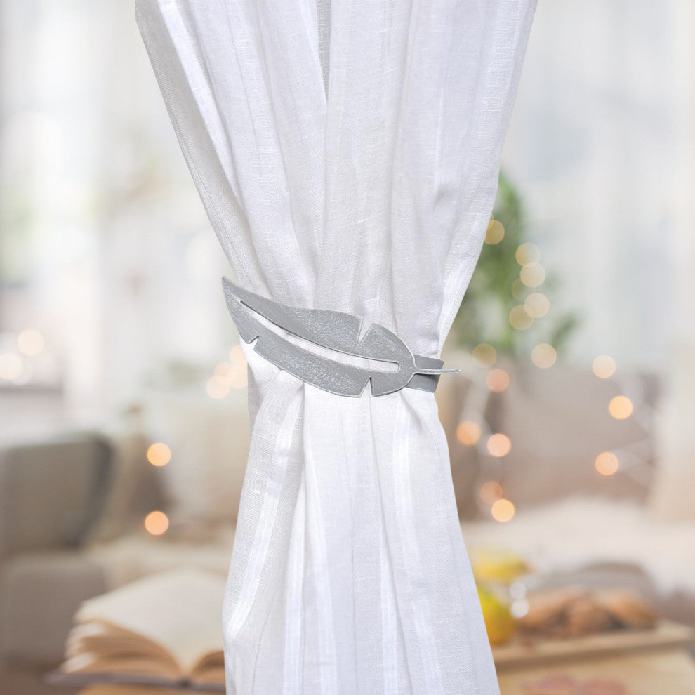Metal Feather Curtain Tiebacks with Magnetic Closure "“ No Installation Needed, Gray, Pack of 2