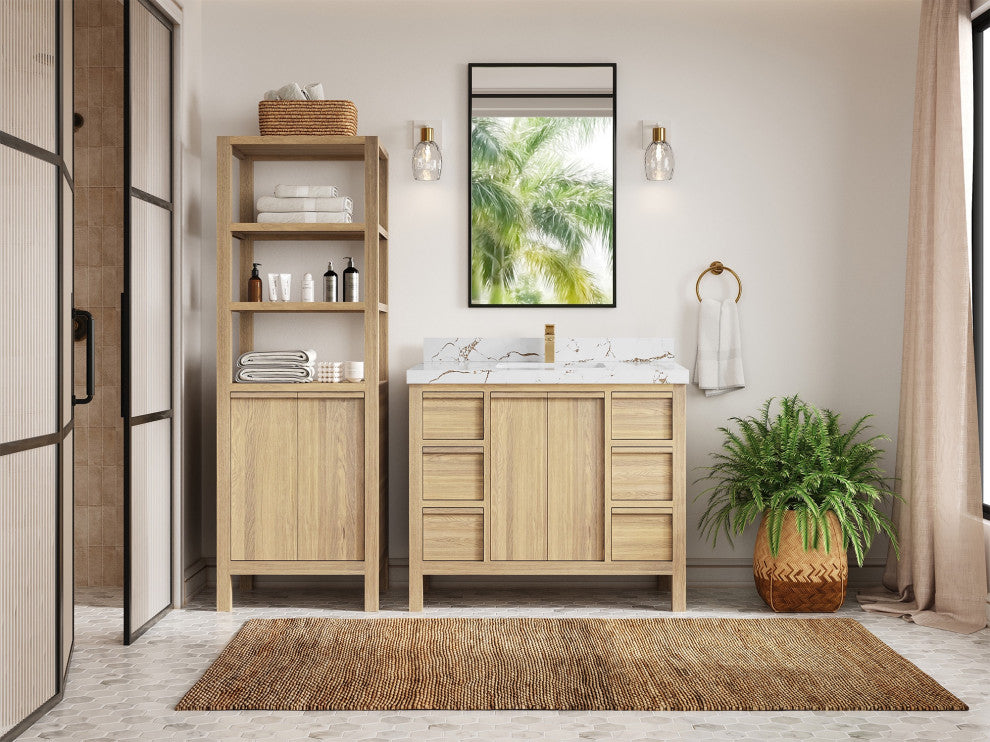 Elizabeth Oak 42" Single Sink Vanity, White 2" Viola Brown