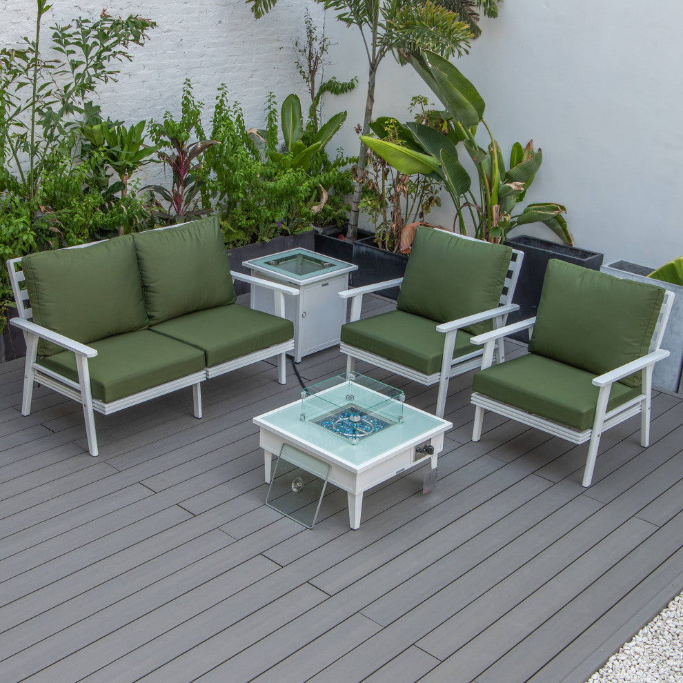 LeisureMod Walbrooke Patio Conversation Set With Fire Pit Table, Green