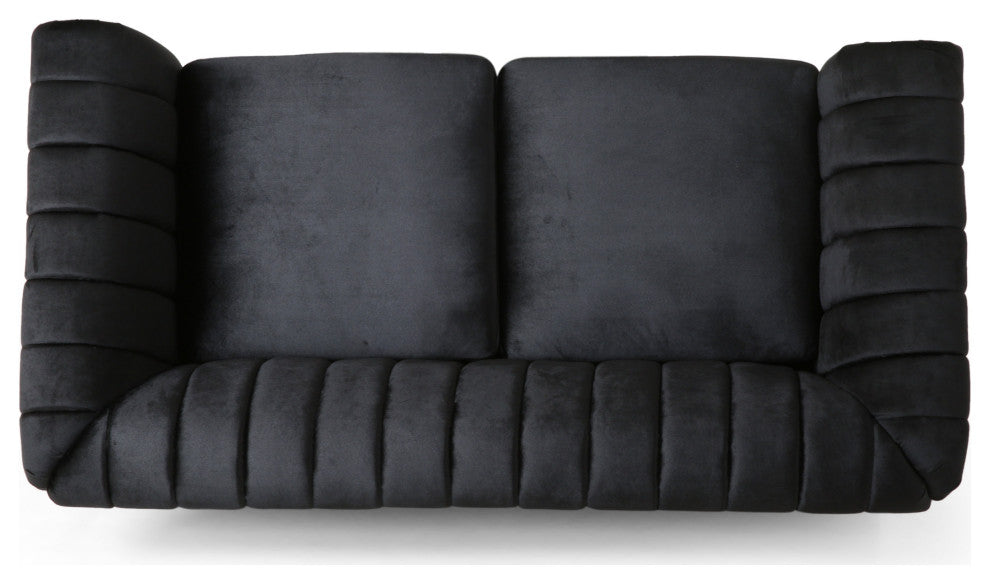Bauman Modern Glam Channel Stitch Loveseat with Nailhead Trim, Black and Dark Brown, Velvet