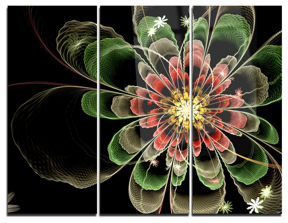 "Abstract Green Fractal Flower" Digital Metal Wall Art, 3 Panels, 36"x28"