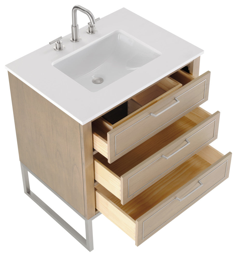 Markham Bathroom Vanity, Cashmere Grey/Brushed Nickel, 30", White Quartz Top