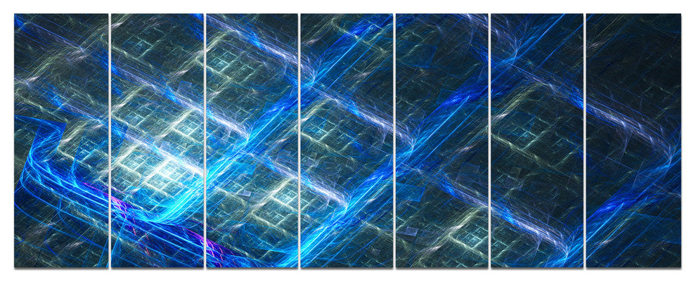 Glowing Blue Fractal Grill, Abstract Art on Canvas, 83"x32", 7 Panels