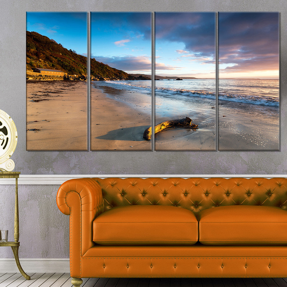 "Looe Cornwall Beach At Sunrise" Modern Beach Wall Art, 4 Panels, 48"x28"