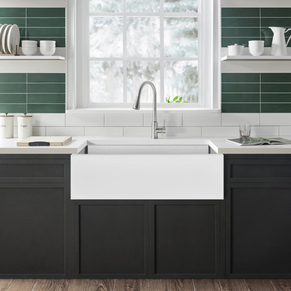 Ancona 36" Single Bowl Farmhouse Apron Kitchen Sink, White and Stainless Steel