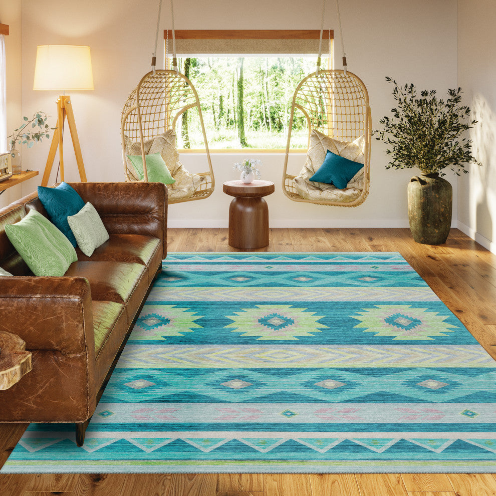 Indoor/Outdoor Phoenix PH3 Teal Machine Washable 5' x 7'6" Rug