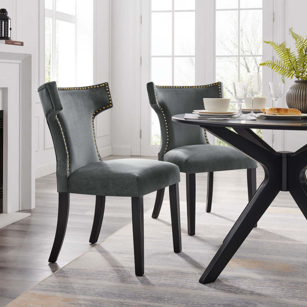Dining Chair, Nailhead, Set of 2, Gray, Velvet, Modern, Bistro Hospitality