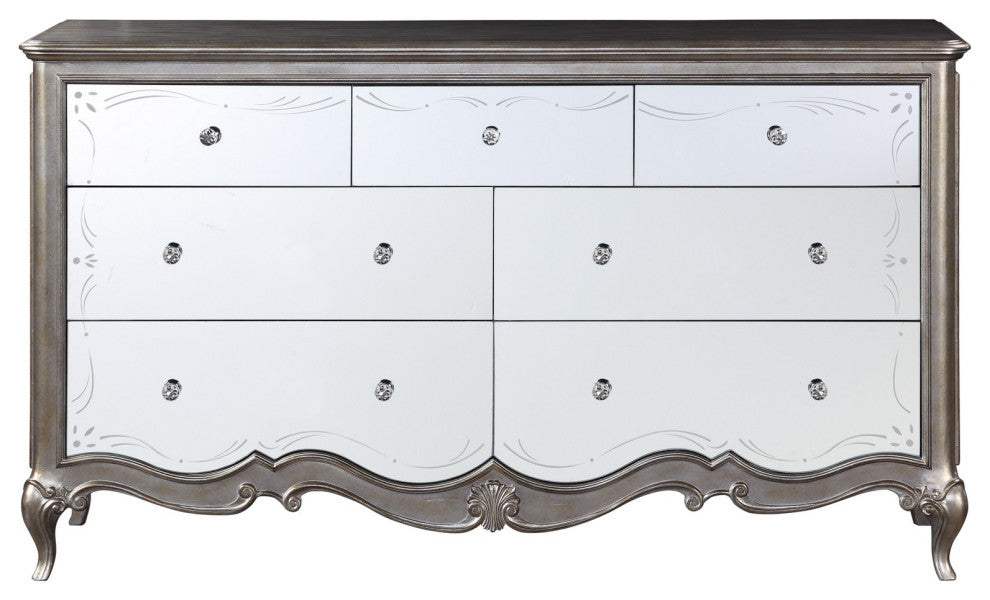 Benzara BM251274 Dresser With Mirror Front and Molded Trim, Antique Silver