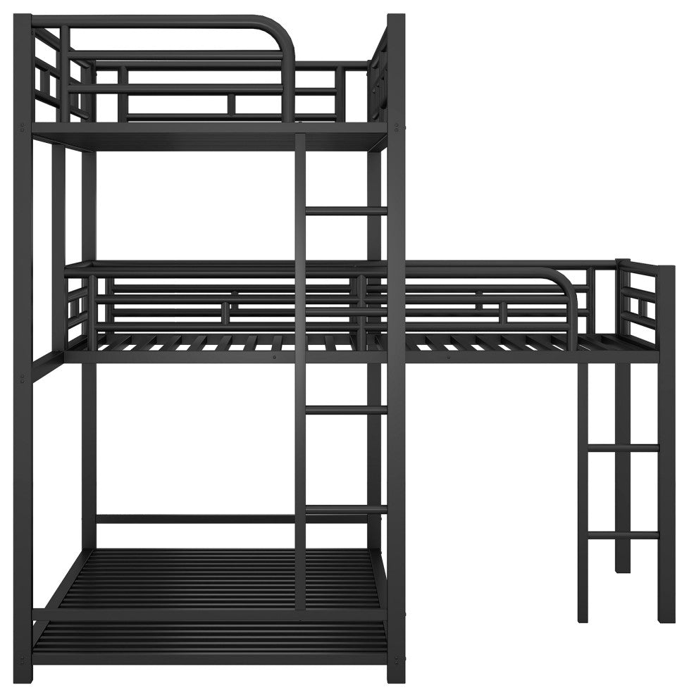 Gewnee L-shaped Metal Triple Twin Size Bunk Bed in Black