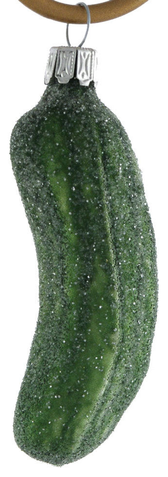 Glass German Pickle Christmas Ornament, Small Dark Green With Pearls