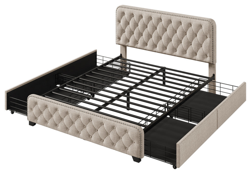 Metal Platform Bed with Headboard, Upholstered and 4-Drawer, Beige, 84.6" X 64.6"