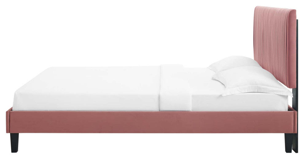 Platform Bed Frame, Twin Size, Velvet, Pink, Modern Contemporary, Bedroom Master
