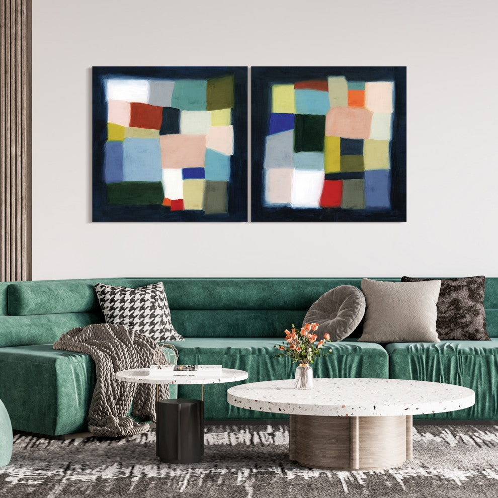 "Chromatic Cube I&II" Frameless Reverse Printed Tempered Glass Wall Art Set of 2