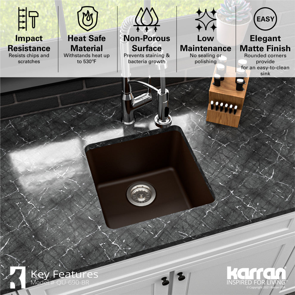 Karran Undermount Quartz Composite 17" Bar Single Bowl Sink, Brown