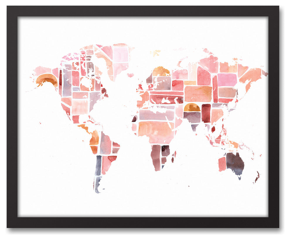 Pink World Map 16x20 Black Framed Canvas