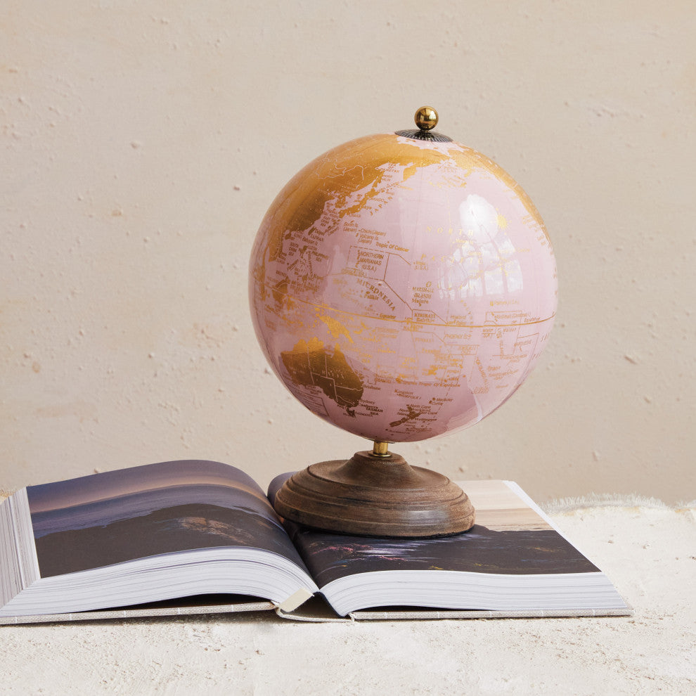 Metal and Plastic Globe on Mango Wood Stand, Pink, Gold, and Natural