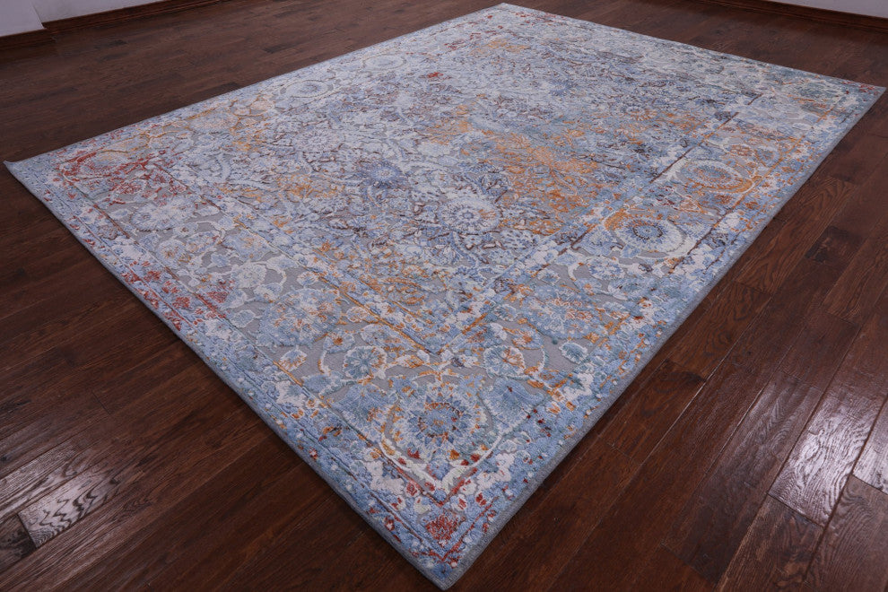 9' 0" X 12' 0" Wool and Silk Hi-Low Persian Hand Knotted Rug Q7196