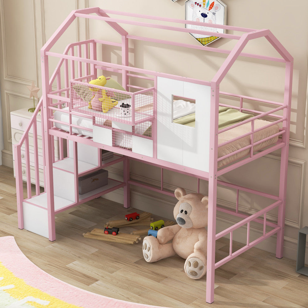 Gewnee Metal Loft Bed with roof design and a storage box, Twin, Pink