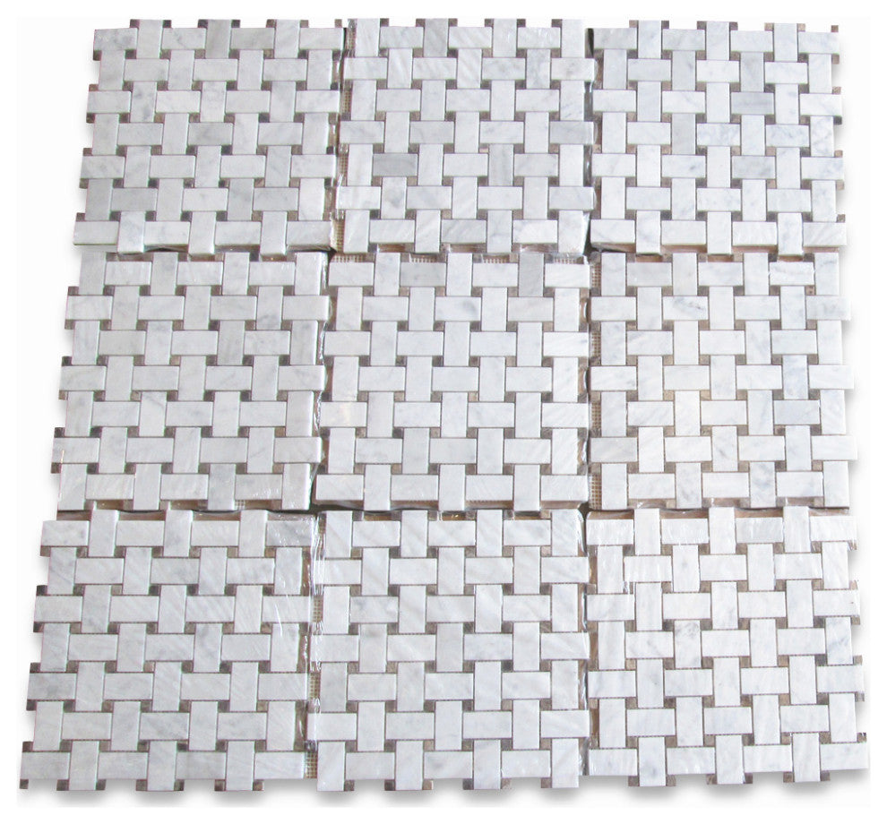 Carrara Venato Marble 1x2 Basketweave Mosaic Tile Brown Dots Honed, 1 sheet