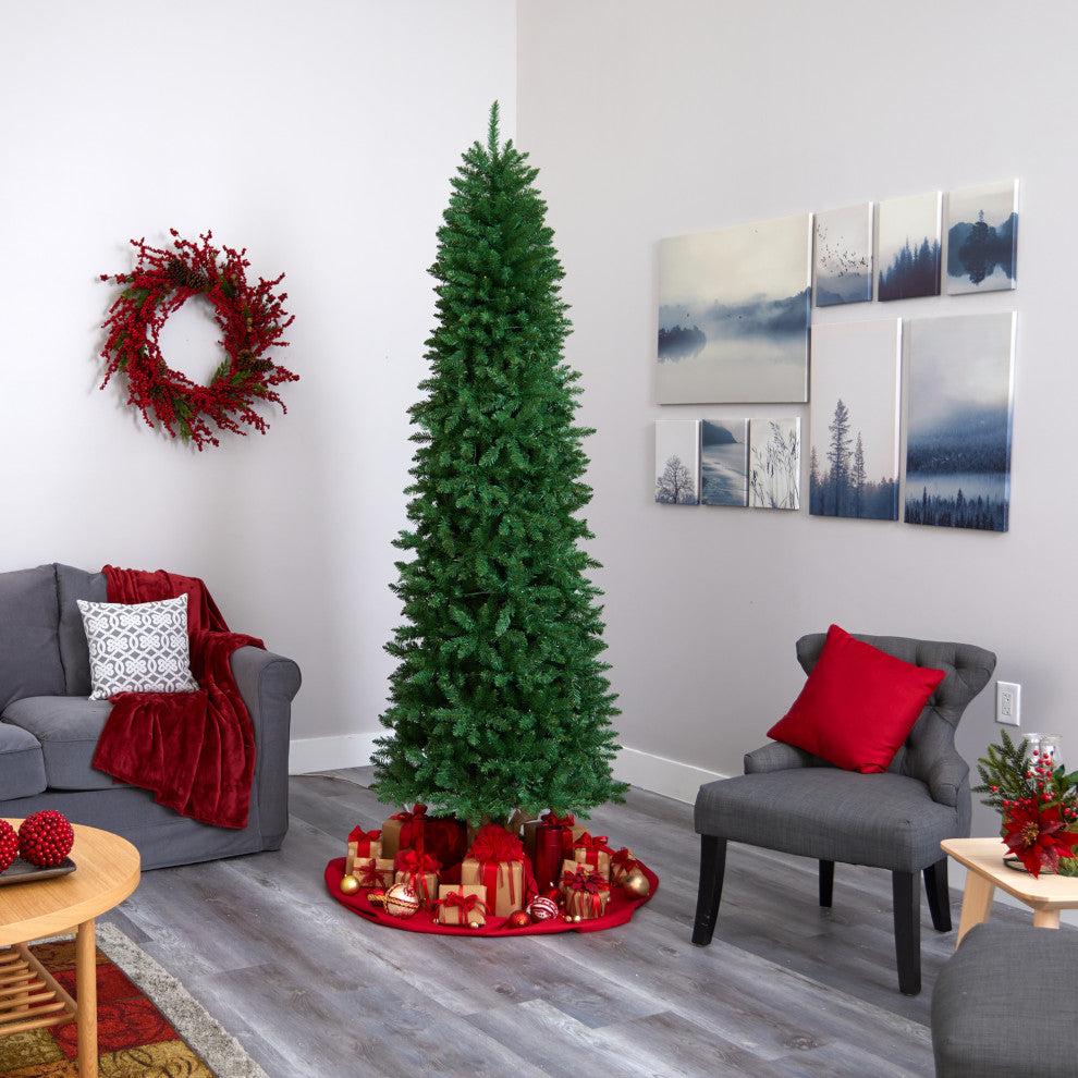 8' Slim Green Mountain Pine Artificial Christmas Tree With 400 Clear LED Lights