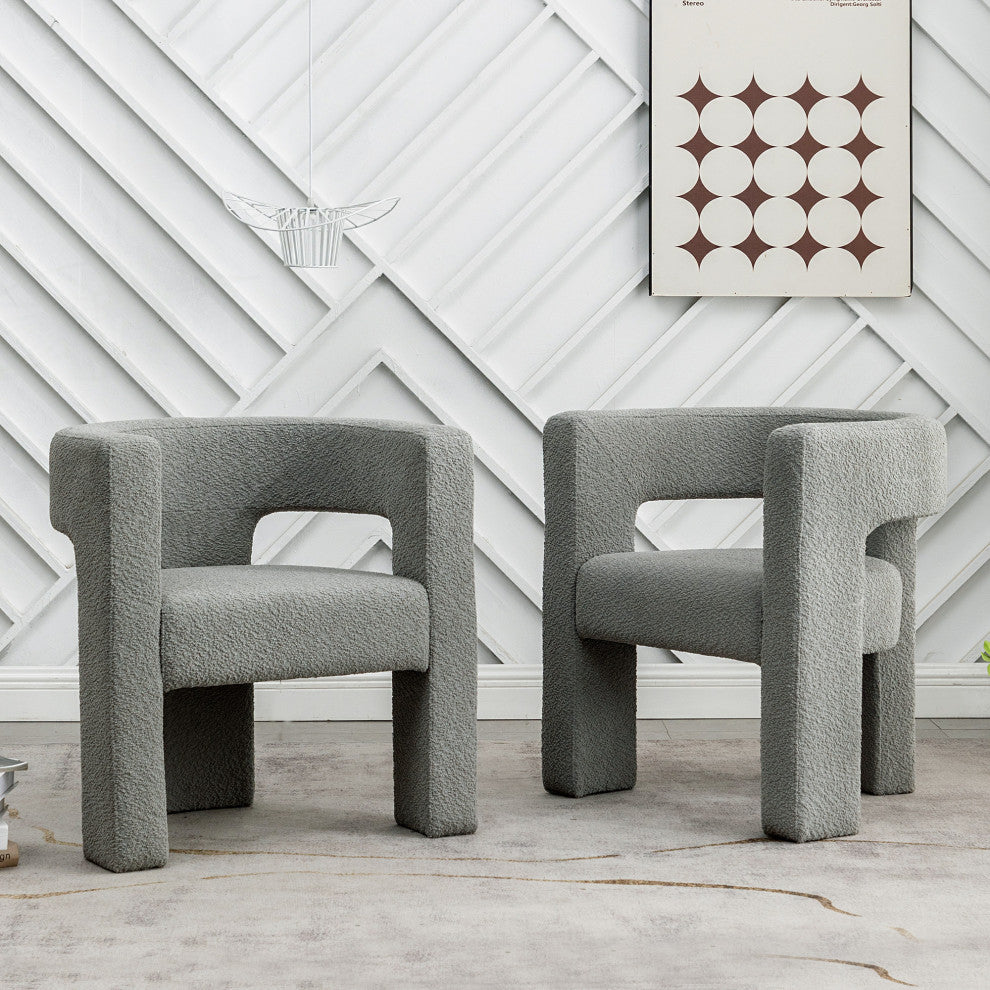 28" Wide Boucle Upholstered Square Armchair, Set of 2, Light Grey
