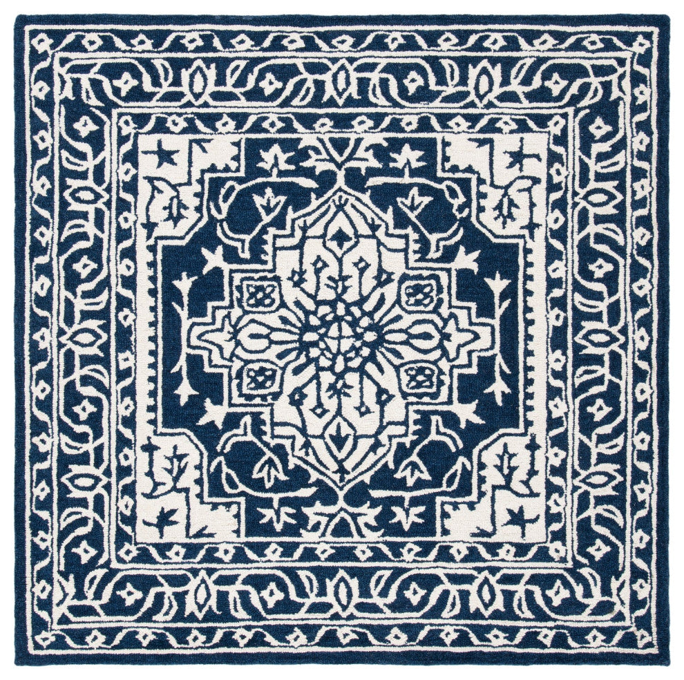 Safavieh Micro-Loop Mlp648N Traditional Rug, Navy and Ivory, 5'0"x5'0" Square