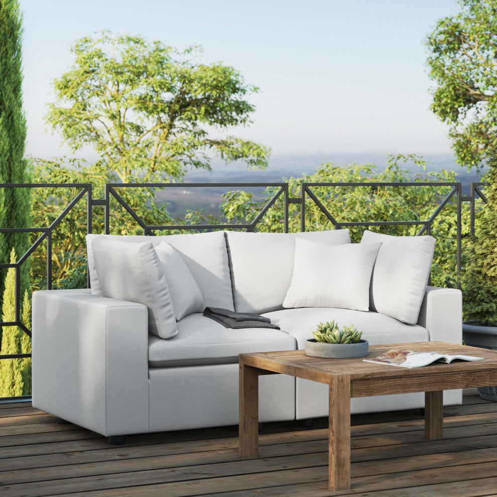 Modular Lounge Loveseat Deep Sofa, White, Modern, Outdoor Patio Hospitality