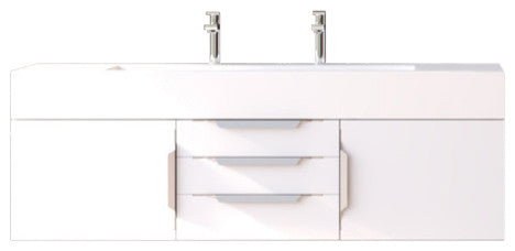 CastelloUSA Nile 60" Wall Mounted Vanity Set, White, White Top, Chrome Handles