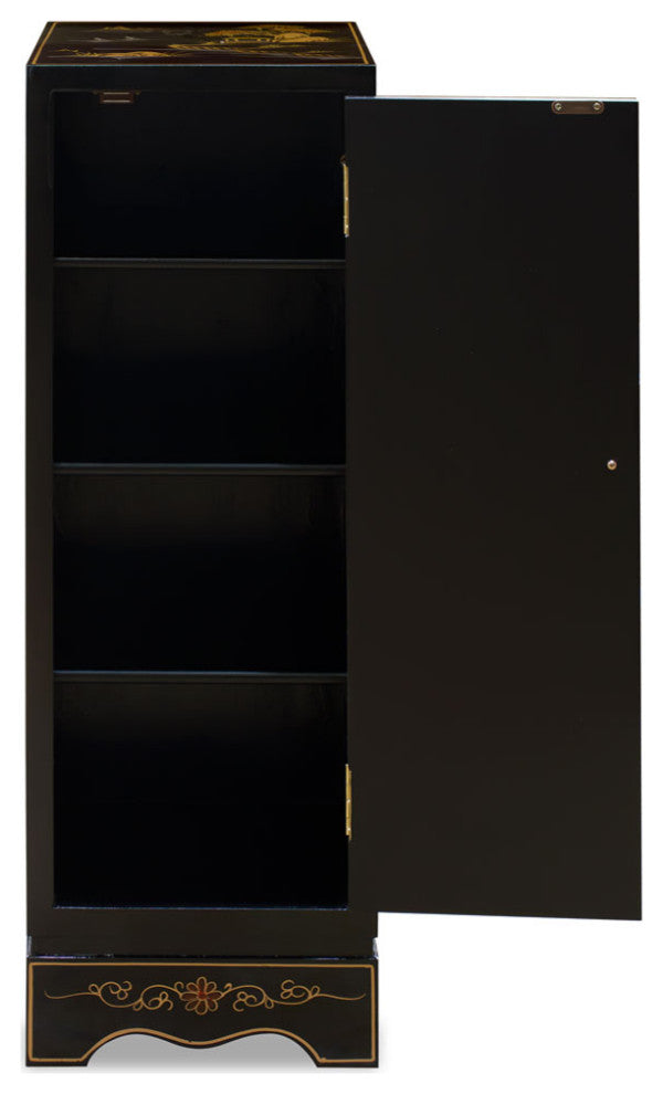 Black Lacquer Chinoiserie Chinese Pedestal Cabinet