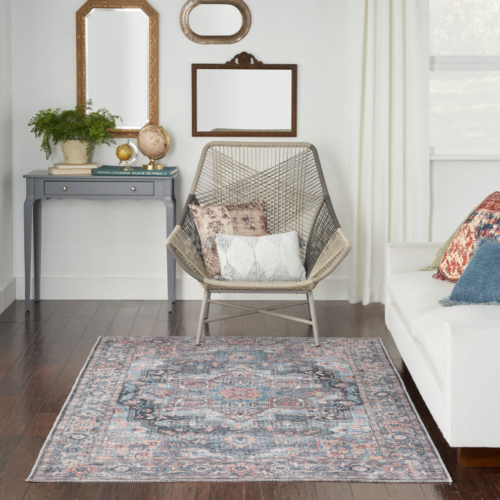 Nicole Curtis Machine Washable Floral Light Blue Multicolor Area Rug, Light Blue Multi, 4' X 6'