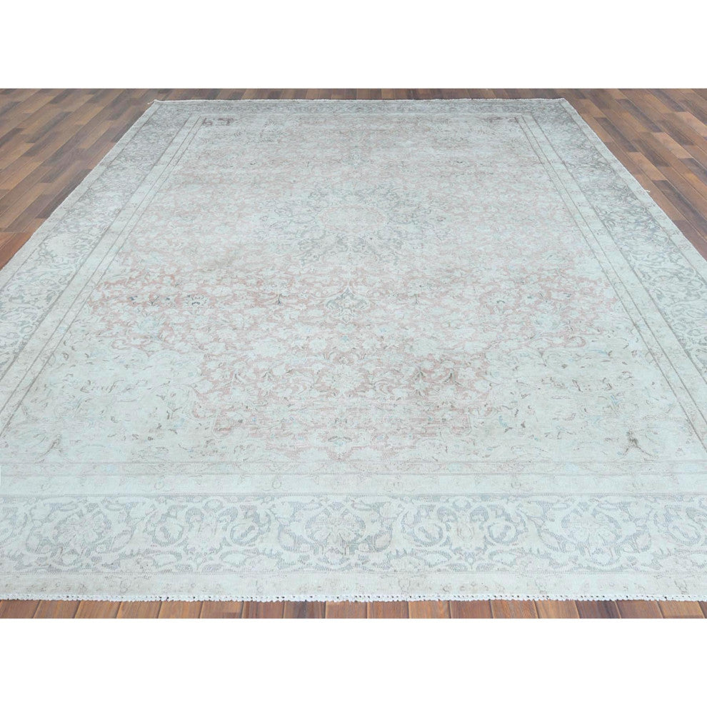 Worn Wool, Hand Knotted, Ivory, Vintage Persian Kerman, Oriental Rug 9'8"x12'10"