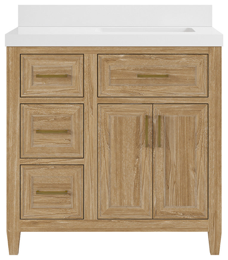 Santa Monica 36 Right Offset  Bath Vanity in Whitewashed Teak 2" White Quartz