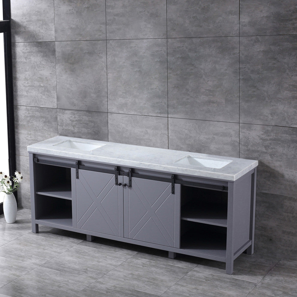 Marsyas 84" Dark Gray Double Vanity, White Marble Top, White Sinks, No Mirror