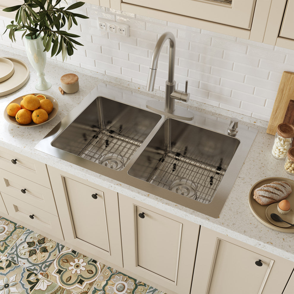 33in Drop-In Single and Double Bowl 18 Gauge Stainless Steel Kitchen Sink, Double