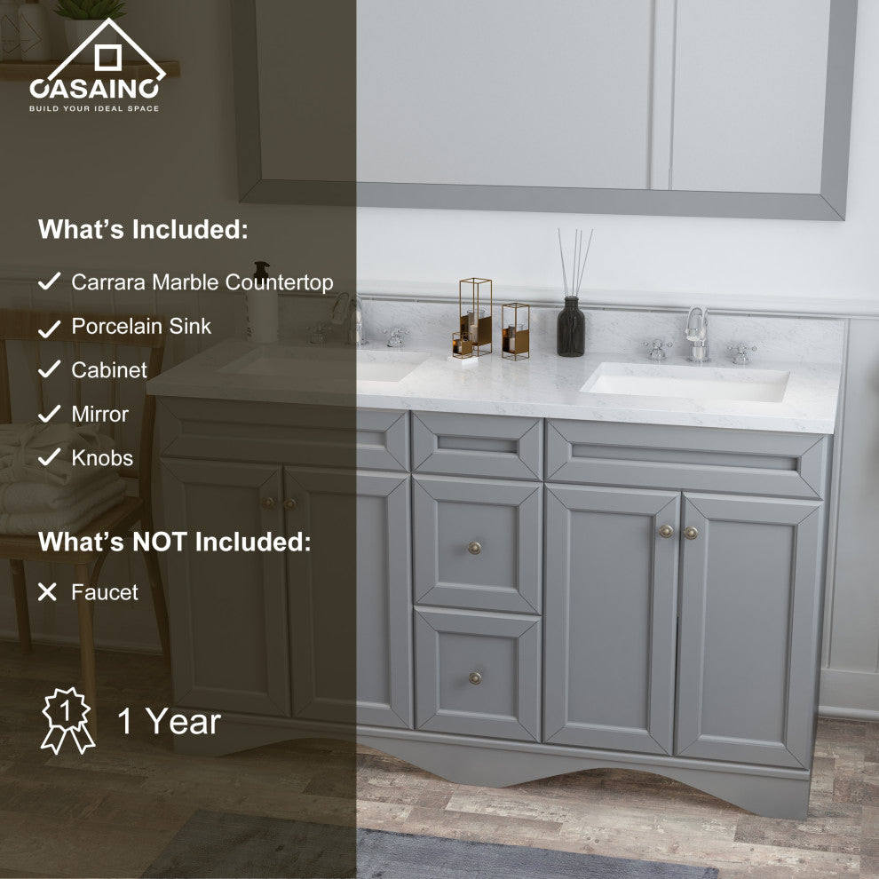 CASAINC 60" Marble Top Double Sink Bathroom Vanity with Mirror, Gray