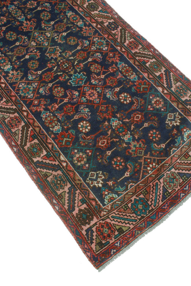 Fine Vintage Distressed Galip Red/Navy Runner, 3'5x13'7