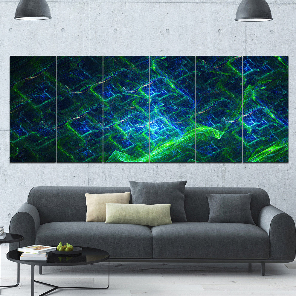 Green Blue Electric Lightning, Abstract Art on Canvas, 70"x28", 6 Panels